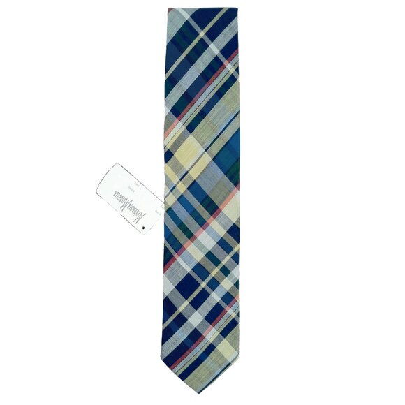 NEW Handsome Neiman Marcus Cotton Tie!Yellow Blue & White PlaidMade in USA